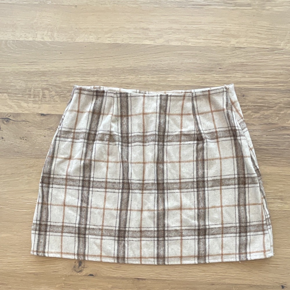 Women Beige Brown Plaid‎ Mini Skirt Short Length Regular Fit Size M Skirt